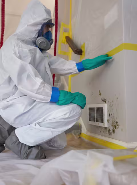 mold damage technician in full ppe