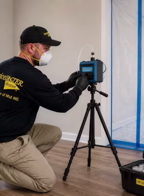 ServiceMaster technician taking mold air sample inside lexington ne home