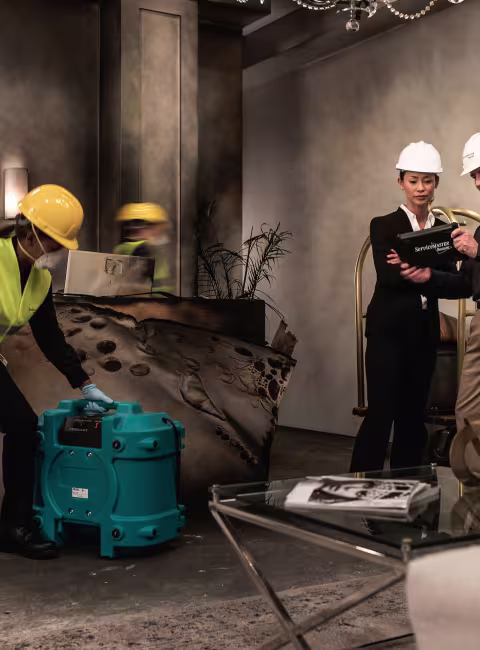 commercial fire damage restoration technician in damaged lobby