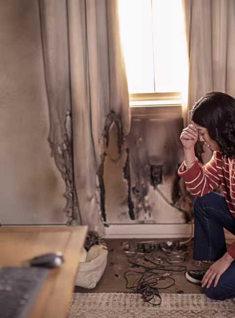 woman devastated by fire damage in her home