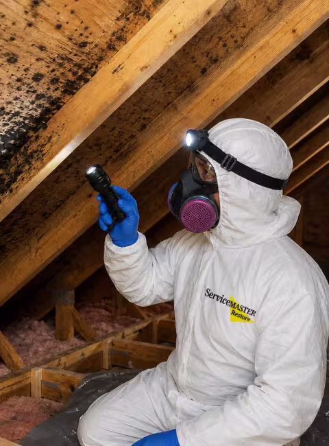 ServiceMaster tech inspecting mold in attic