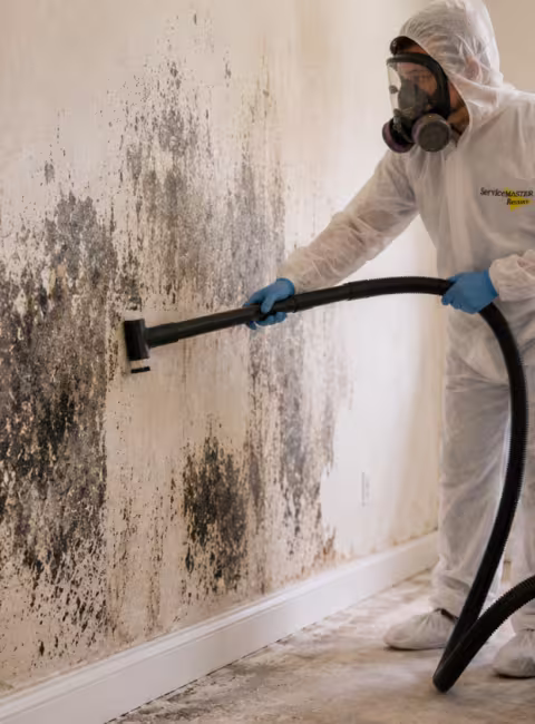 ServiceMaster technician using a HEPA vacuum tool to remove bulk mold from contaminated drywall prior to removal. 