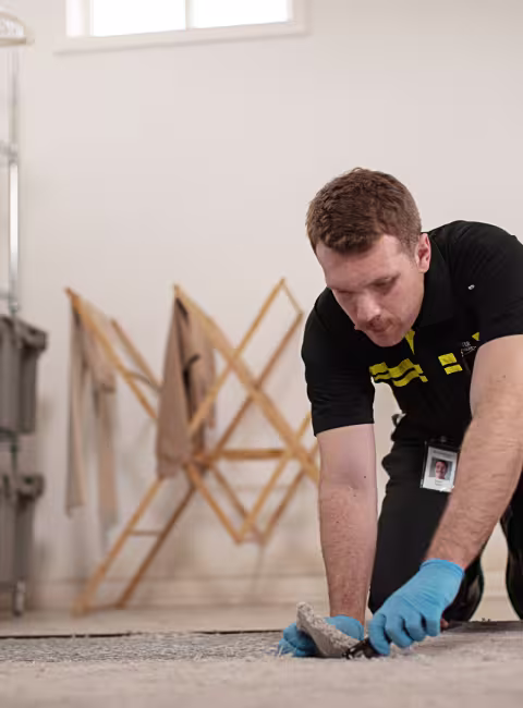 tech removing carpet after water damage