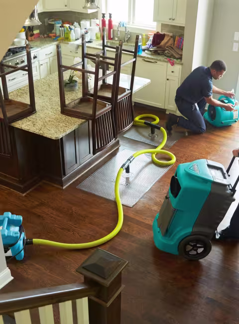 ServiceMaster professionals drying out a foyer after water damage