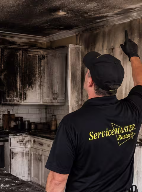 ServiceMaster technician pointing to areas of damage or concern in a fire damaged kitchen