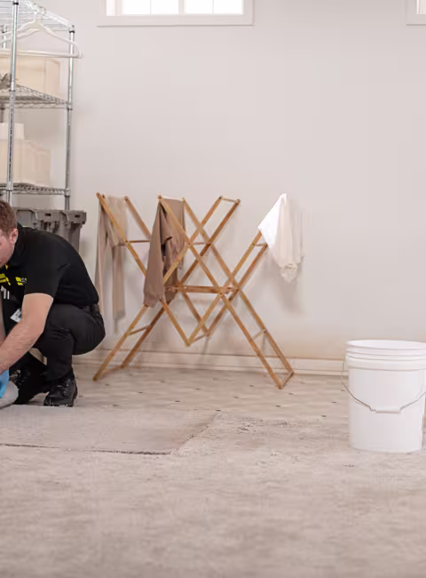 servicemaster-restore-technician-replacing-carpet-in-a-water-damaged-basement