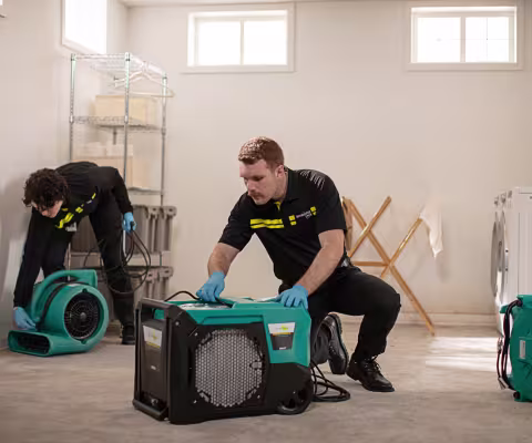 Water damage technicians restoring flooded basement