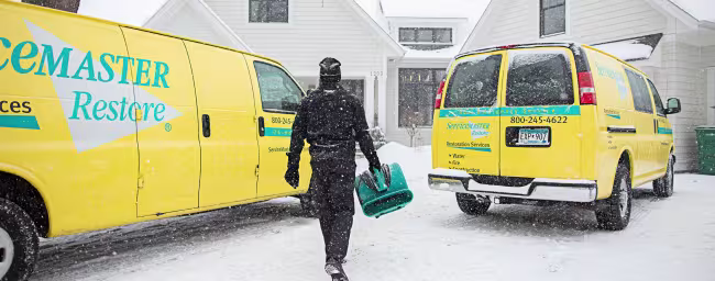 ServiceMaster Restore vans and employee in the snow
