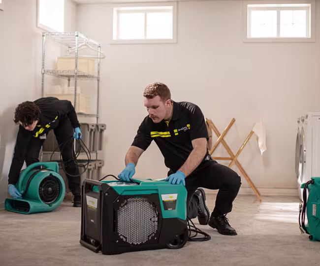 Water damage technicians restoring flooded basement