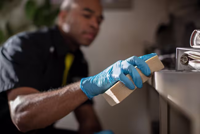 fire damage restoration technician cleaning contents