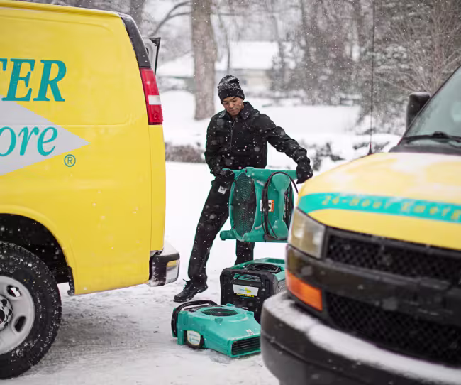 winter water damage technician with equipment and yellow vans