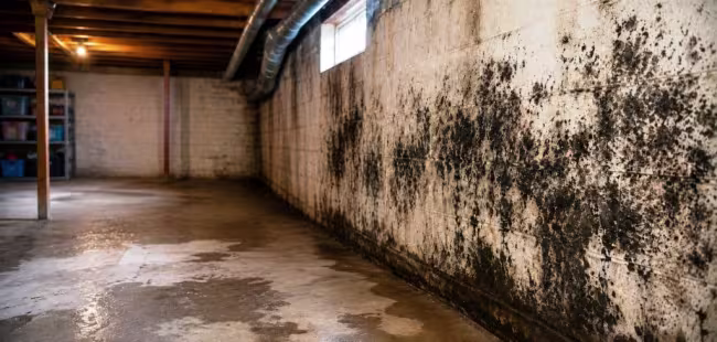 Black mold on a basement foundational wall in Lincoln County, NE