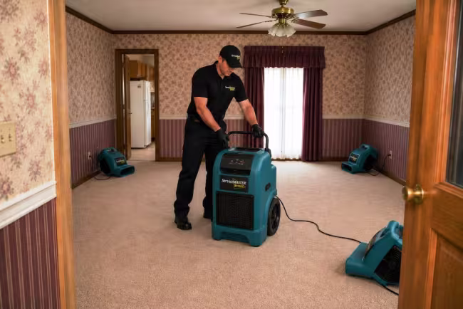 ServiceMaster Tech setting up drying equipment post extraction in Elwood living room
