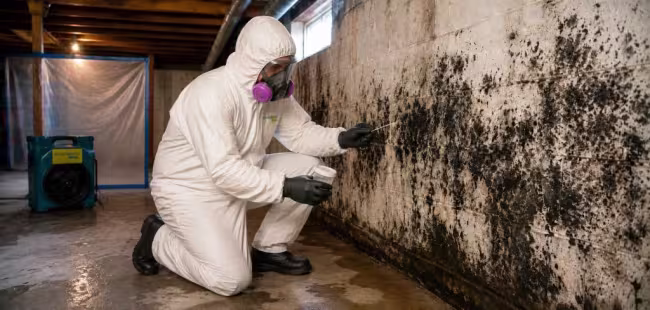 ServiceMaster technician taking mold sample from a basement foundational wall in Lincoln County, NE
