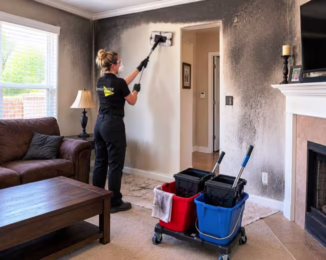 ServiceMaster Technician cleaning soot from walls in a North Platte, NE home