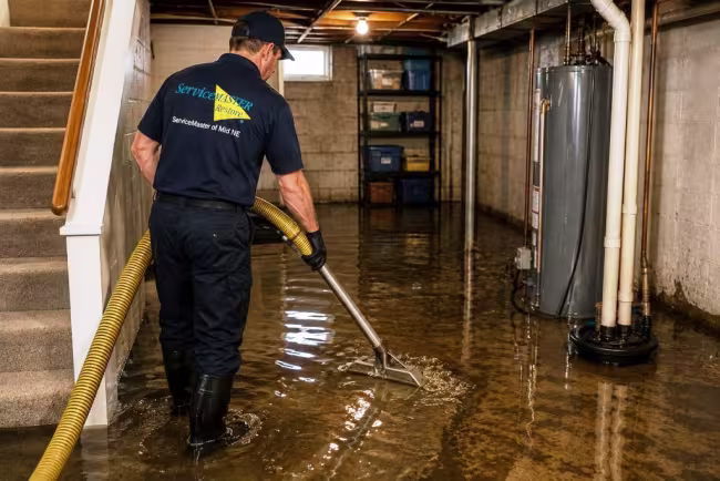 ServiceMaster Technician extracting water from basement floor in Central NE