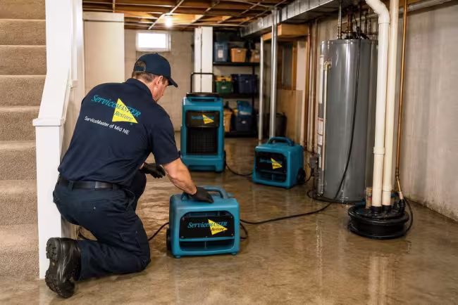 ServiceMaster technician setting up drying equipment in a water damaged basement