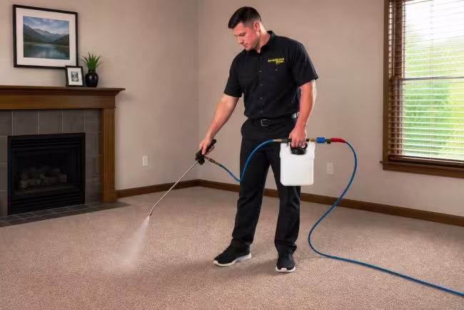 ServiceMaster Technician applying deodorization solution to living room carpet
