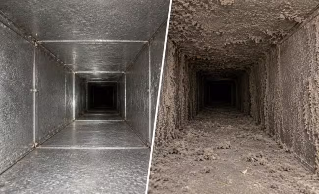 Before and after picture of professional air duct cleaning of air supply trunk duct 