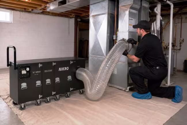 ServiceMaster technician attaching 12" vacuum hose to ductwork in order to apply negative vacuum pressure the HVAC system