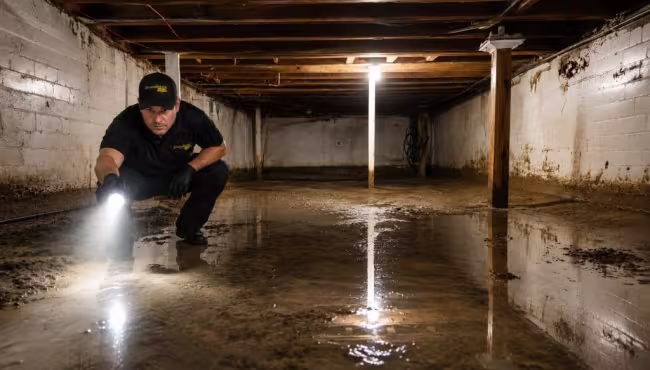 servicemaster tech inspecting a flooded cozad crawlspace