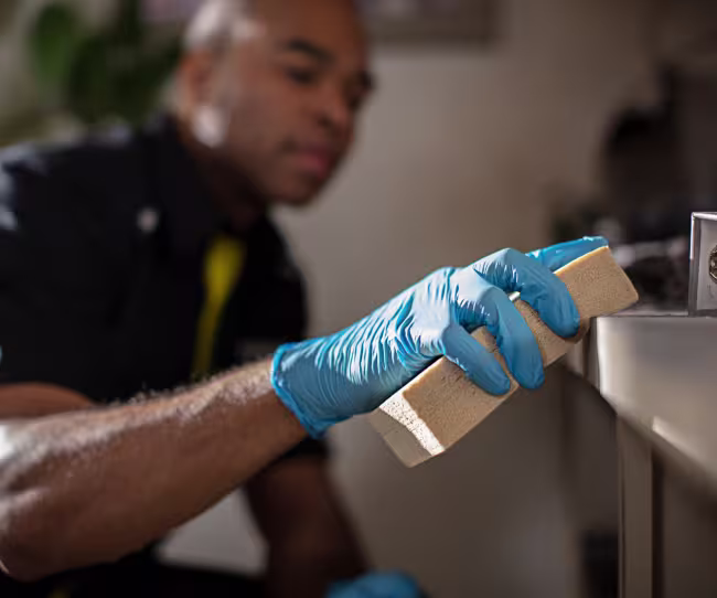 servicemaster technician cleaning commercial fire damage