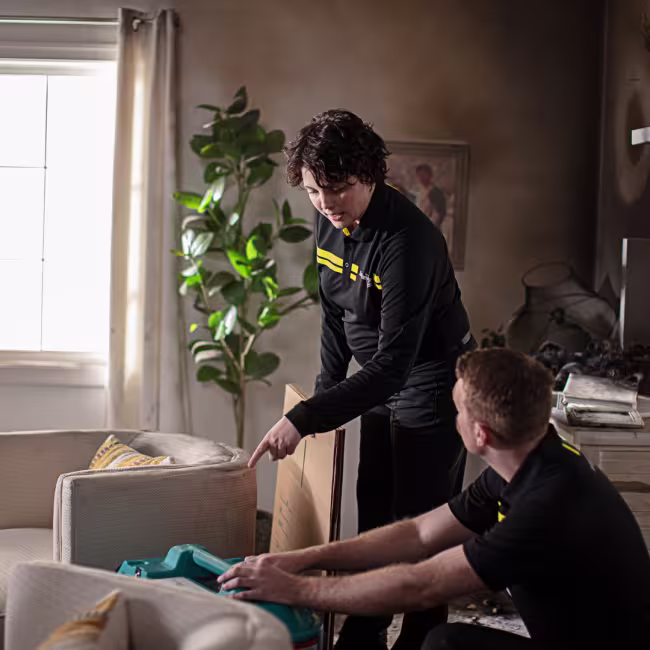 two servicemaster technicians cleaning smoke and soot damage in room