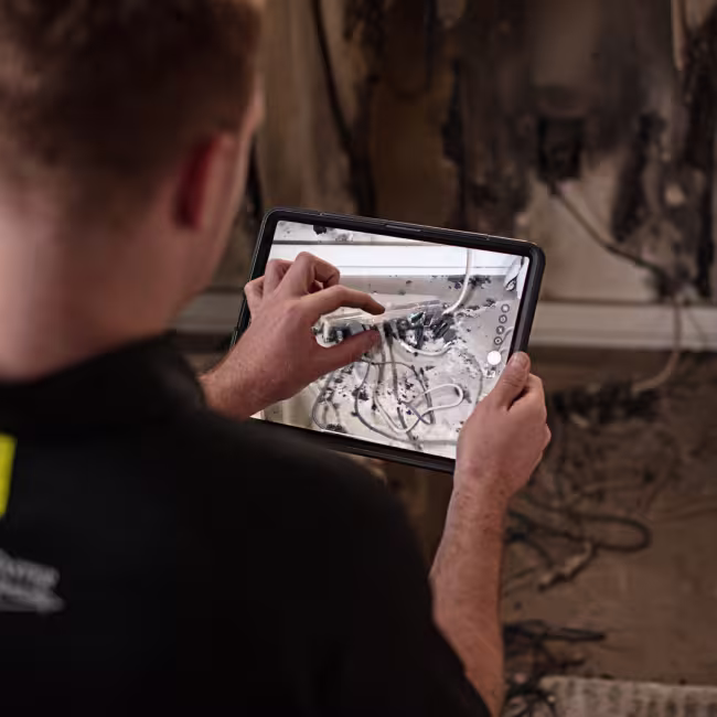 technician inspecting and documenting fire damage in home
