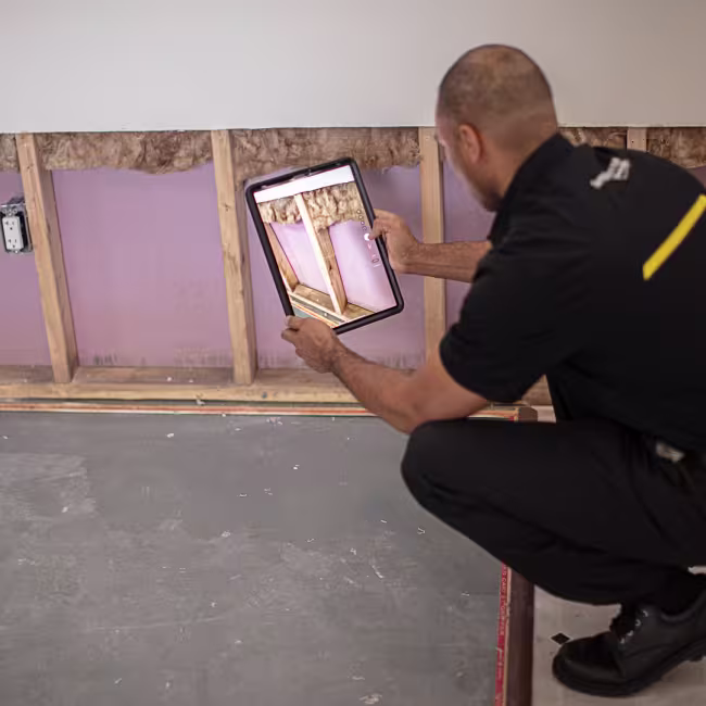 servicemaster tech inspecting water damage after heavy rain