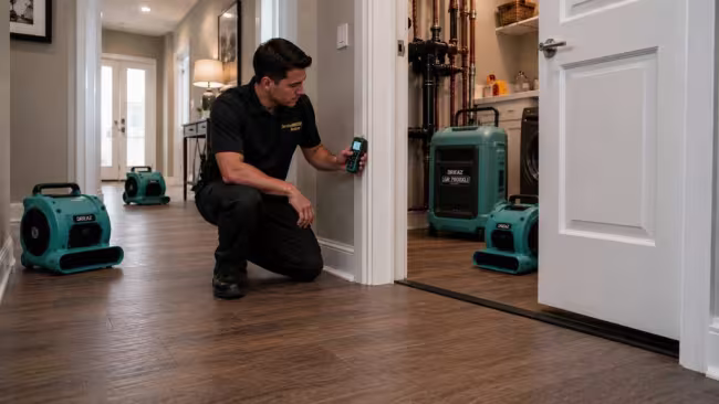 ServiceMaster Tech checking walls with a moisture meter after extracting water