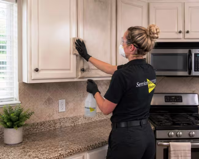 ServiceMaster Technician cleaning smoke damaged kitchen cabinetry in Lexington NE