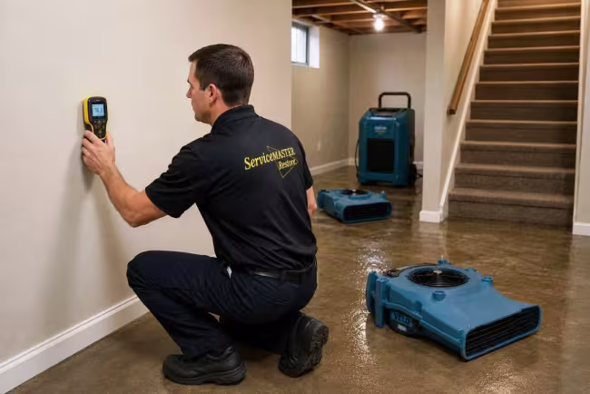 ServiceMaster technician measuring moisture in drywall after removing water from a north platte basement