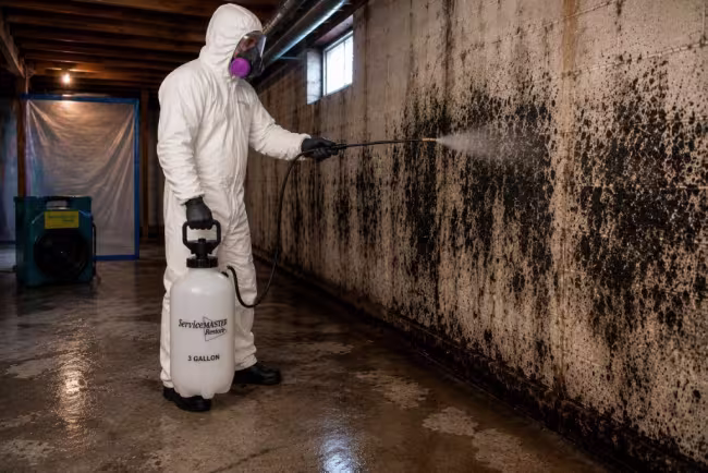 ServiceMaster Technician treating mold on a basement concrete foundational wall