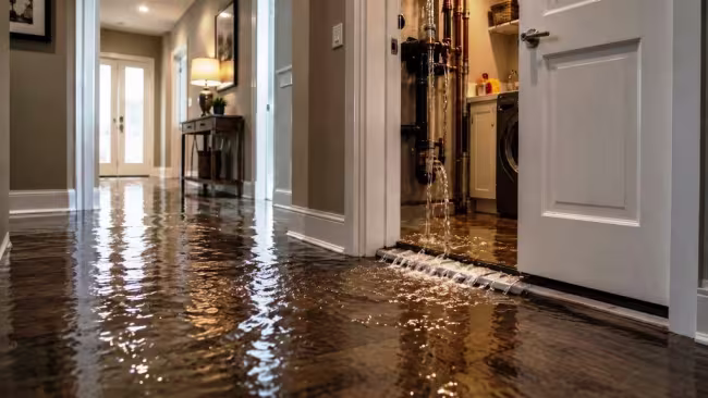 Water damage from a broken pipe running over hallway floor