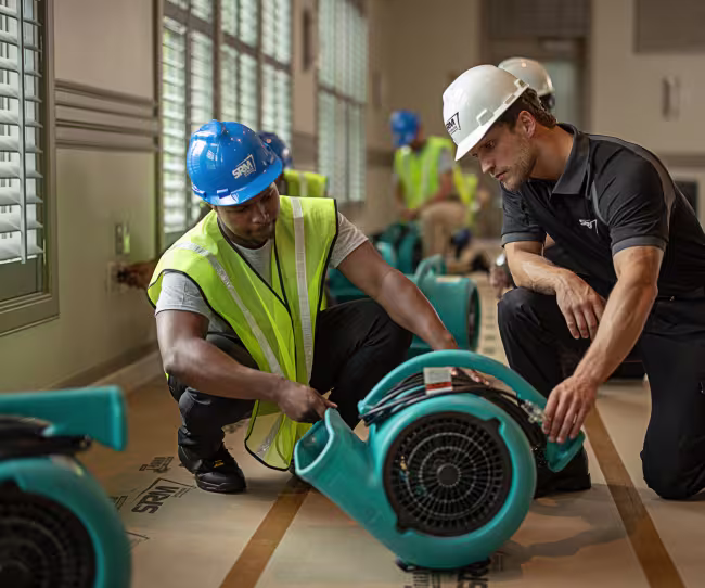 front view of two servicemaster restoration technicians placing industrial dryers in a commercial space