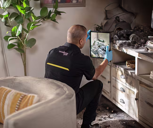 servicemaster restore technician documenting smoke and soot damage