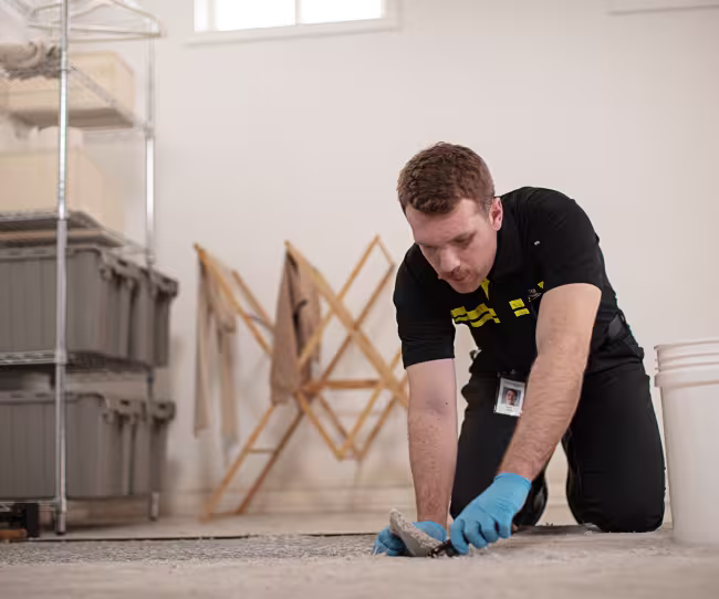 servicemaster restore technician drying carpet after water damage
