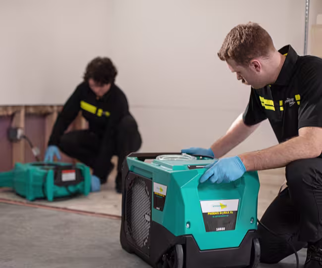 servicemaster restore technicians setting up structural drying equipment in a basement