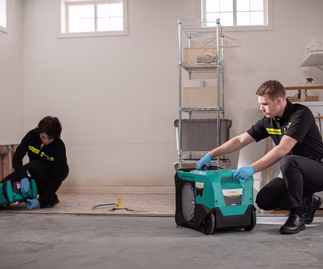 servicemaster restore technicians setting up structural drying equipment