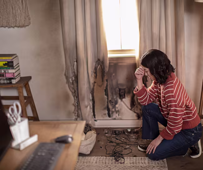 woman devastated by fire damage in her home