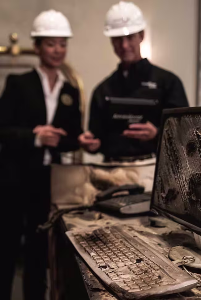 Restore team in front of burnt computer