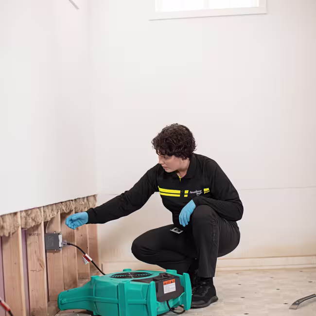 servicemaster tech working on flood damaged wall and flooring