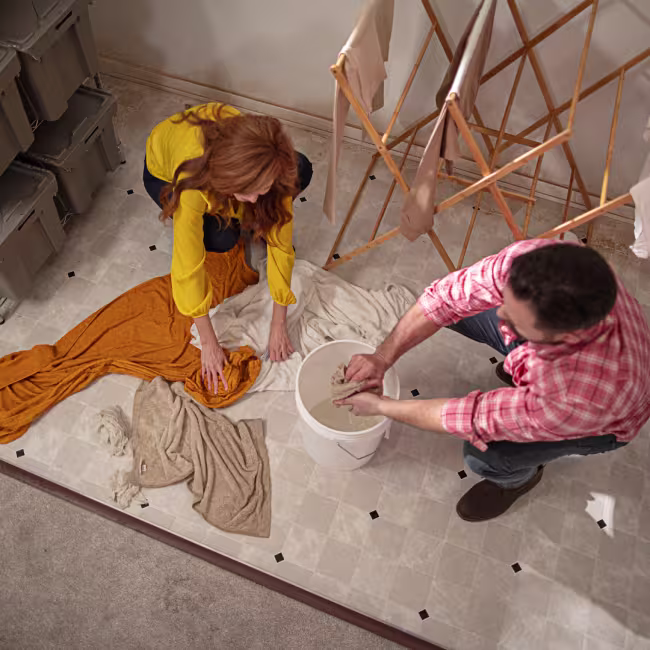 couple cleaning up water from appliance leak
