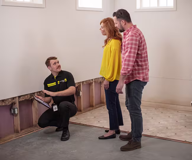 servicemaster restore technician discussing water damage restoration plan with homeowners