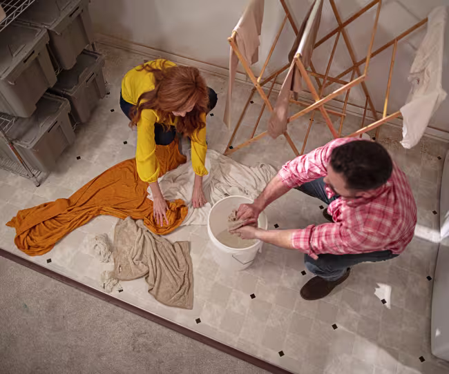 above-view-of-a-couple-attempting-to-cleanup-water-in-their-flooded-basement
