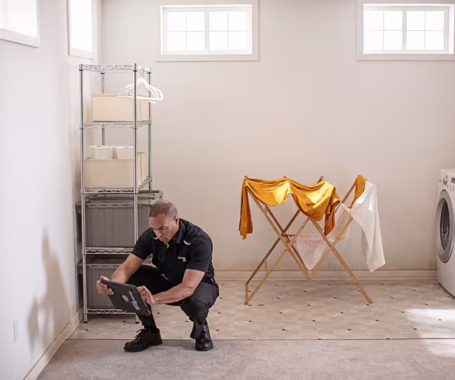 servicemaster-restore-technicain-documenting-water-damage-in-a-basement