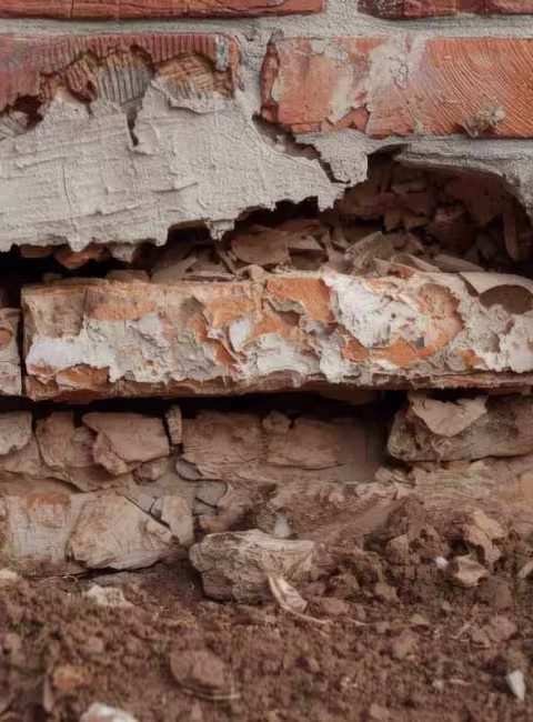 Crumbled brick foundation outside of a home