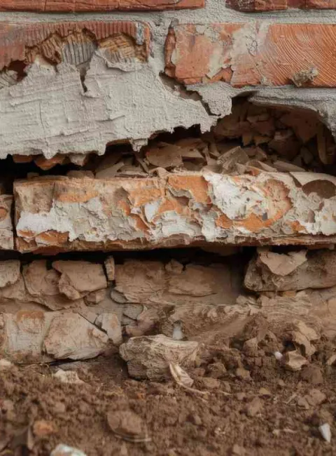 Crumbled brick foundation outside of a home