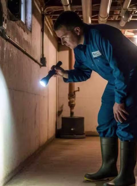 man checking for water in basement