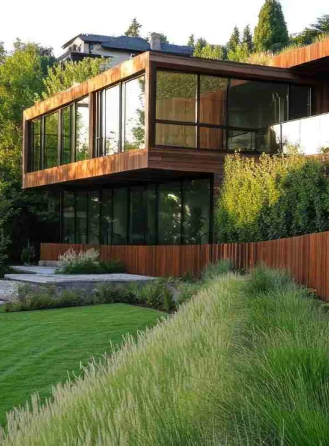 modern home on sloped lot
